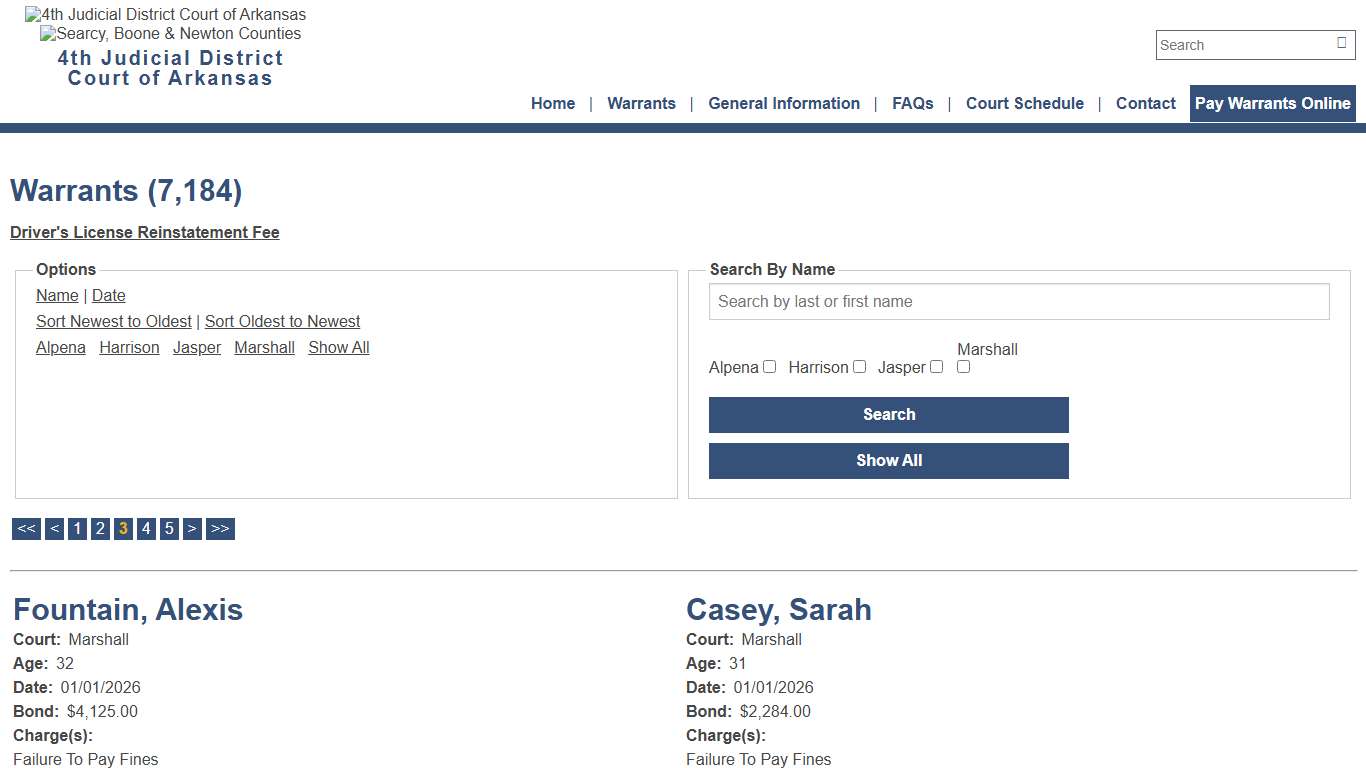 Warrants - Page 3 - Warrant Date - Descending - 4th Judicial District Court of Arkansas